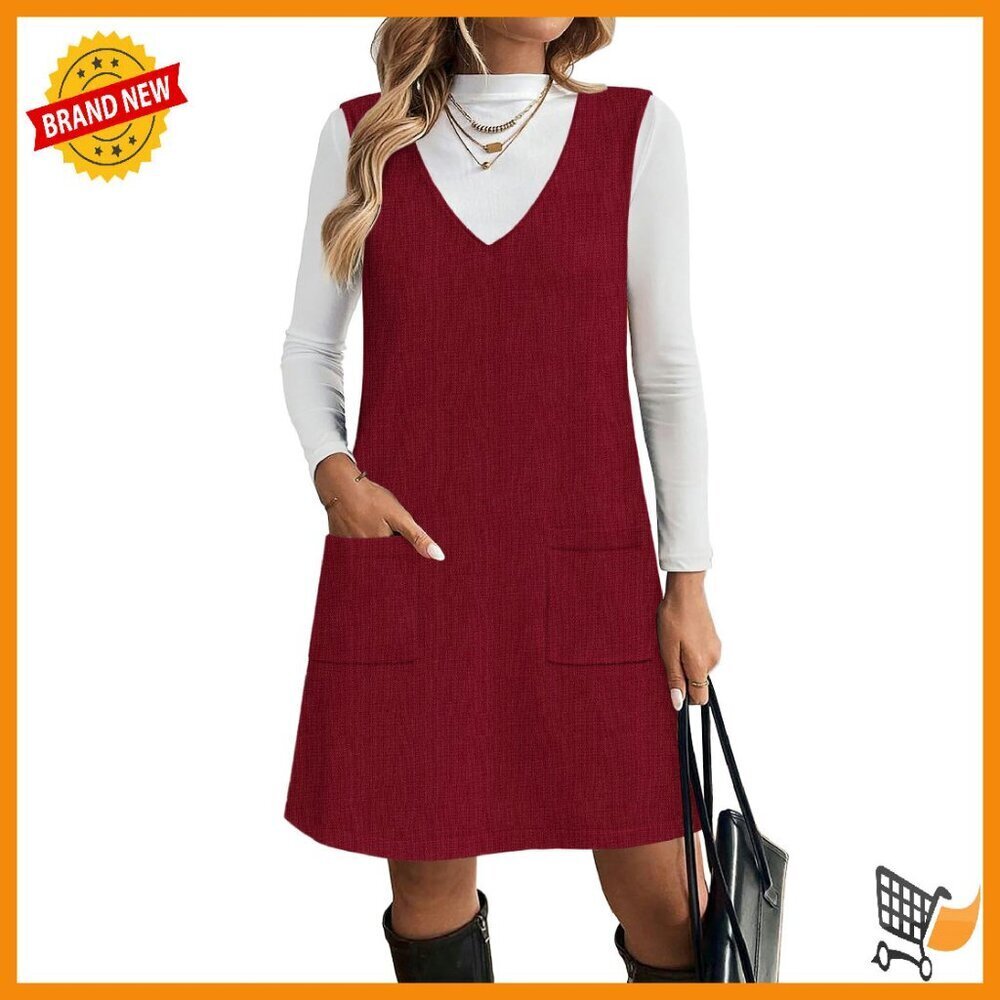 Sleeveless V-Neck Sweater Vest Dress with Pockets - Knit Pullover Fall Winter